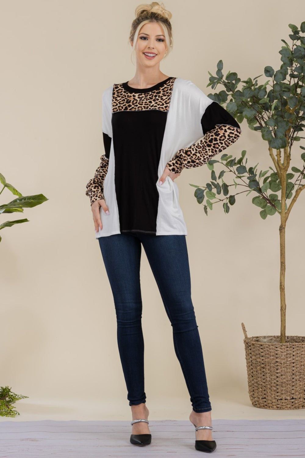 Celeste Full Size Leopard Color Block Exposed Seam T-Shirt-Angel Casuals