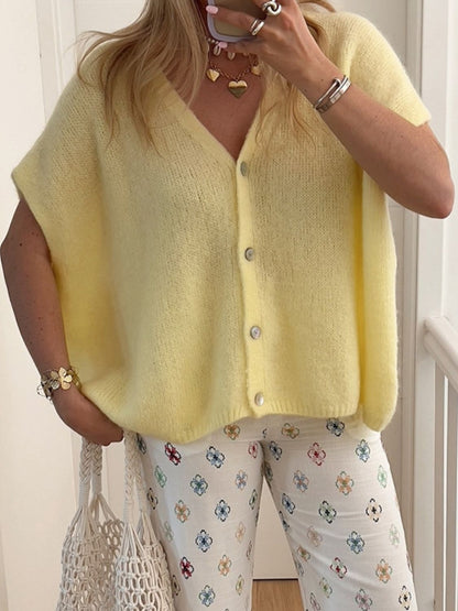 V-Neck Button Up Short Sleeve Cardigan-Angel Casuals