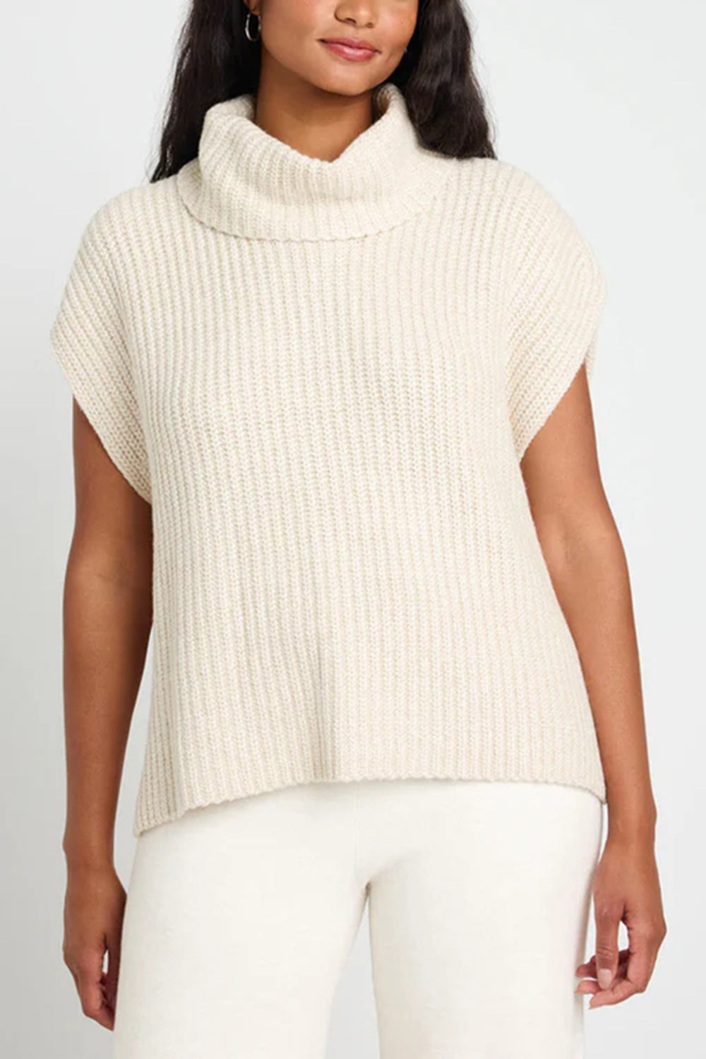 Slit Turtleneck Cap Sleeve Sweater-Angel Casuals