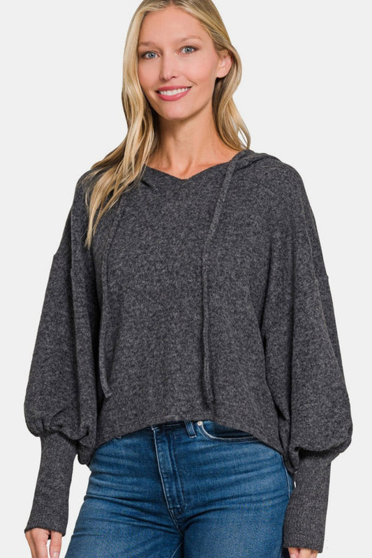 Zenana Brushed Hacci Drop Shoulder Cropped Hoodie-Angel Casuals