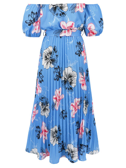 Pleated Floral Off-Shoulder Short Sleeve Midi Dress-Angel Casuals