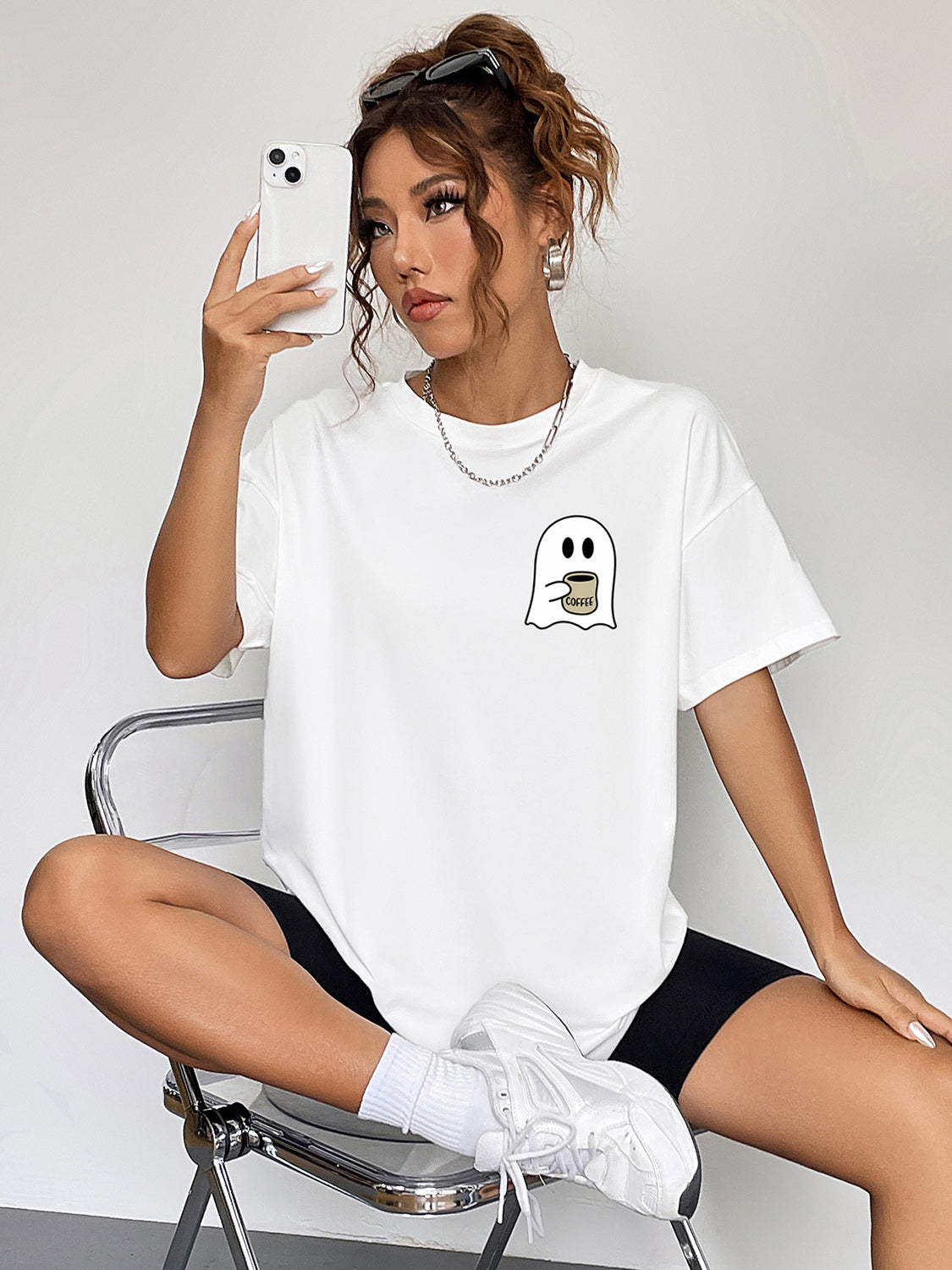 Round Neck Short Sleeve Ghost Graphic T-Shirt-Angel Casuals