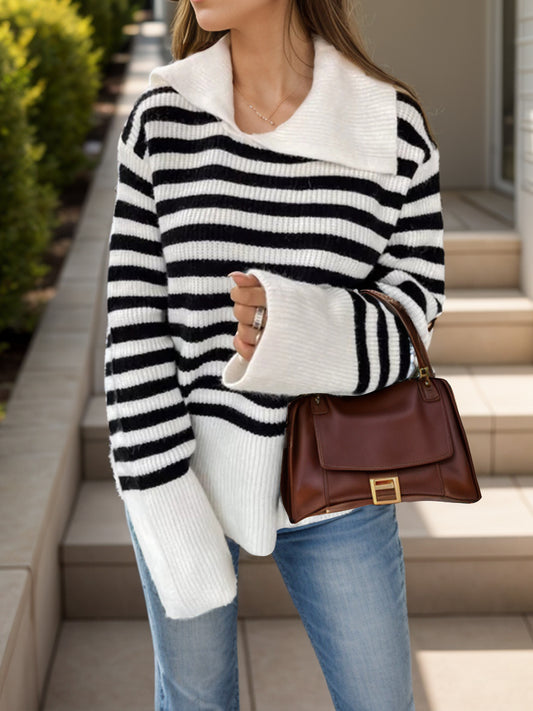 Striped Collared Neck Long Sleeve Sweater-Angel Casuals