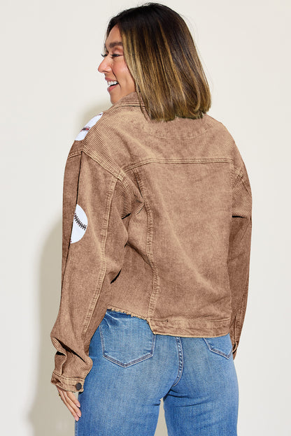Baseball Sequin Dropped Shoulder Raw Hem Jacket-Angel Casuals
