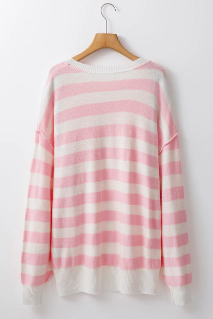 Exposed Seam Striped Round Neck Long Sleeve Sweater-Angel Casuals