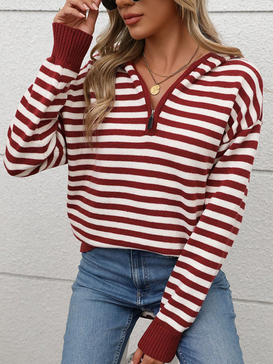 Perfee Striped Long Sleeve Hooded Sweater-Angel Casuals