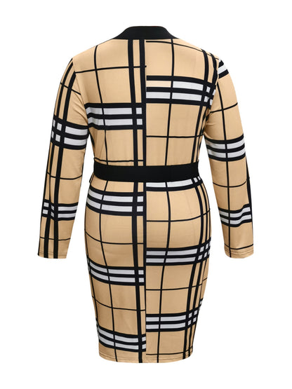 Plus Size Plaid V-Neck Long Sleeve Wrap Dress-Angel Casuals