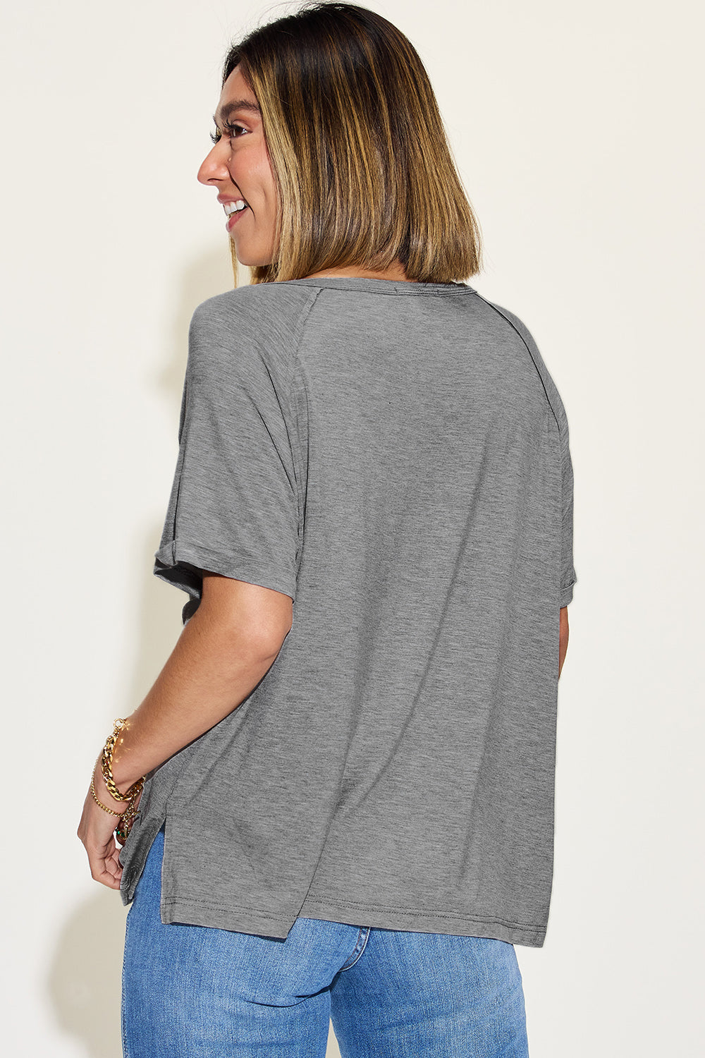 Basic Bae Full Size Bamboo Slit V-Neck Short Sleeve T-Shirt-Angel Casuals