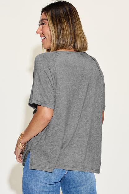 Basic Bae Full Size Bamboo Slit V-Neck Short Sleeve T-Shirt-Angel Casuals