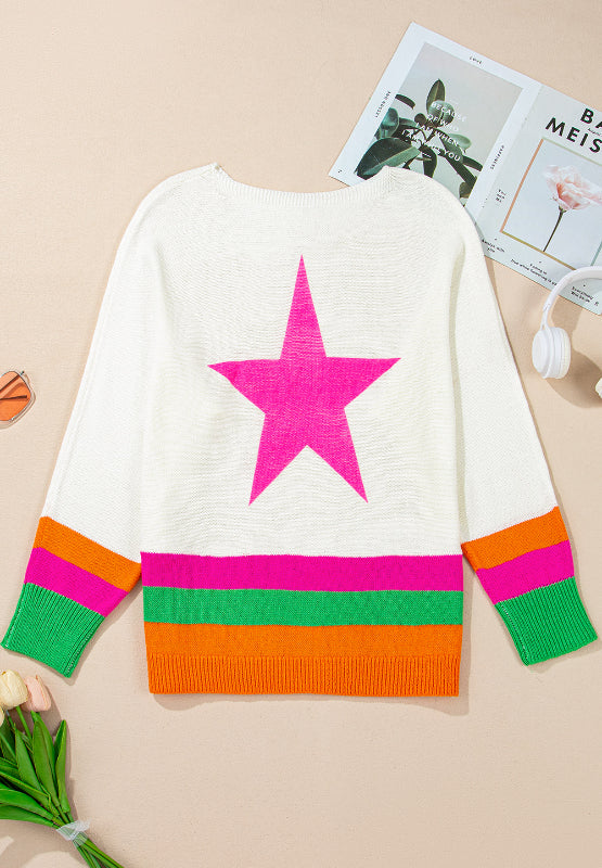 Star Contrast Round Neck Long Sleeve Knit Top-Angel Casuals