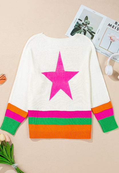 Star Contrast Round Neck Long Sleeve Knit Top-Angel Casuals