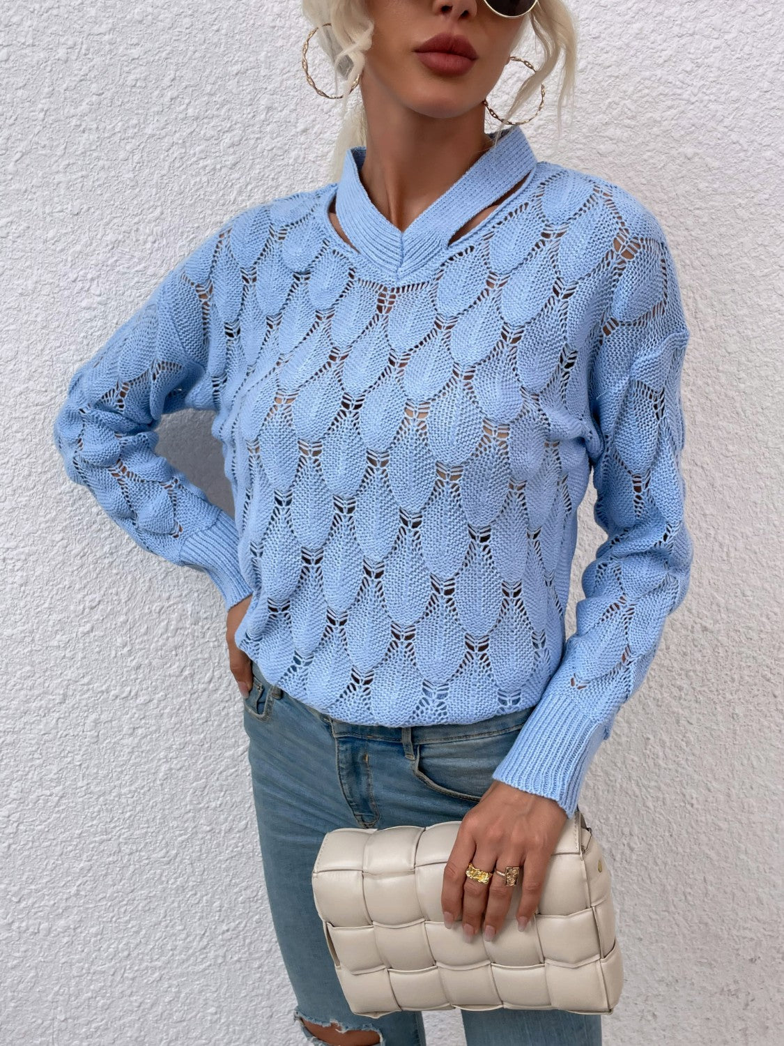 Openwork Cutout Dropped Shoulder Sweater-Angel Casuals