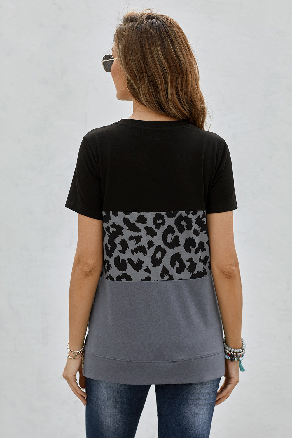 Leopard Print Color Block Short Sleeve T-Shirt-Angel Casuals