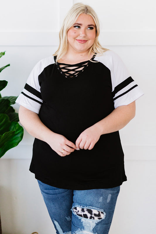 Plus Size Contrast Crisscross Tee Shirt-Angel Casuals