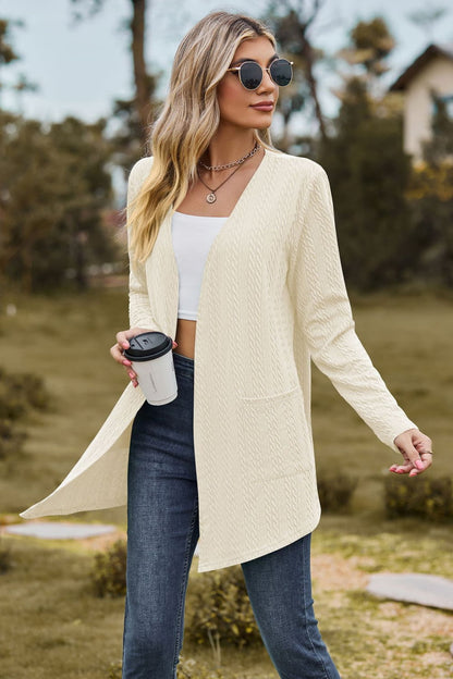 Cable-Knit Long Sleeve Cardigan with Pocket-Angel Casuals