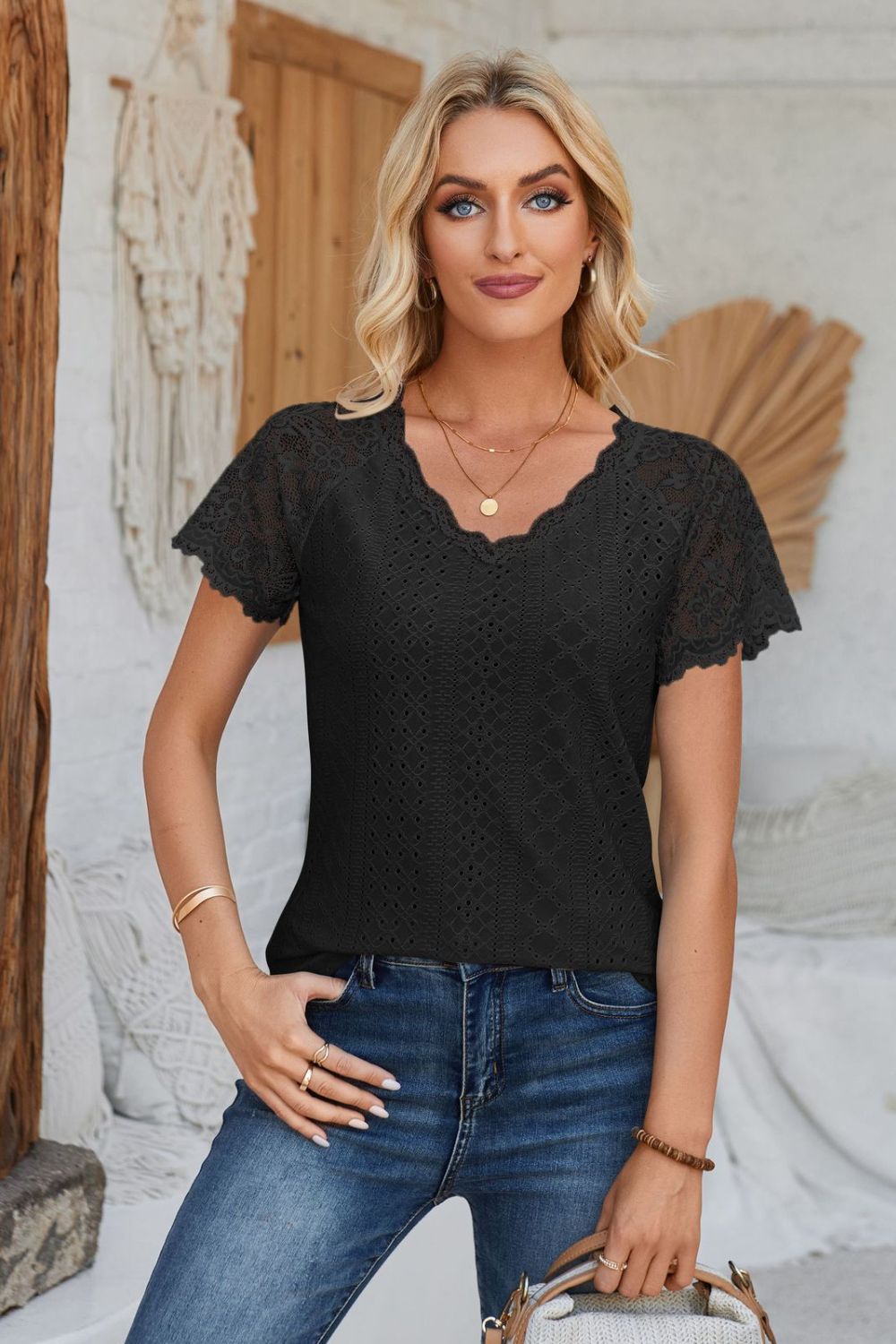 Eyelet V-Neck Lace Short Sleeve T-Shirt-Angel Casuals
