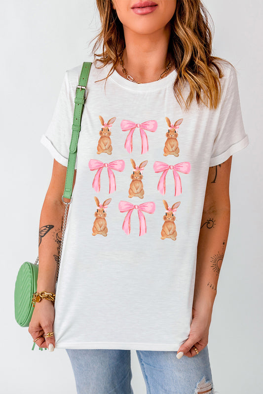 Rabbit & Bow Round Neck Short Sleeve T-Shirt-Angel Casuals