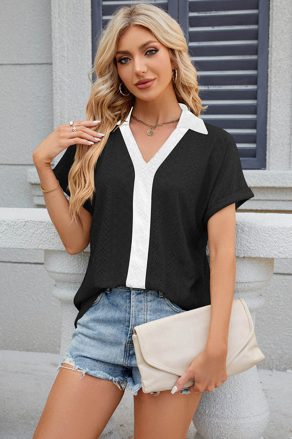 Eyelet Johnny Collar Short Sleeve T-Shirt-Angel Casuals