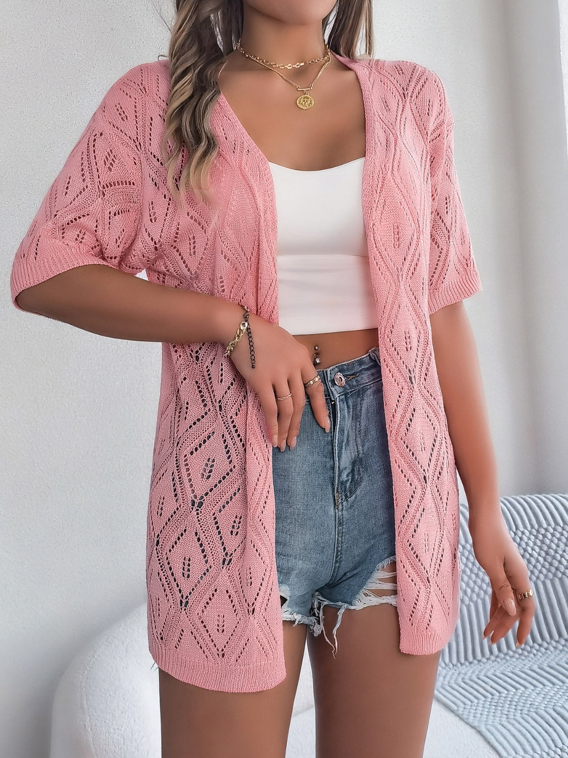 Openwork Open Front Half Sleeve Cardigan-Angel Casuals