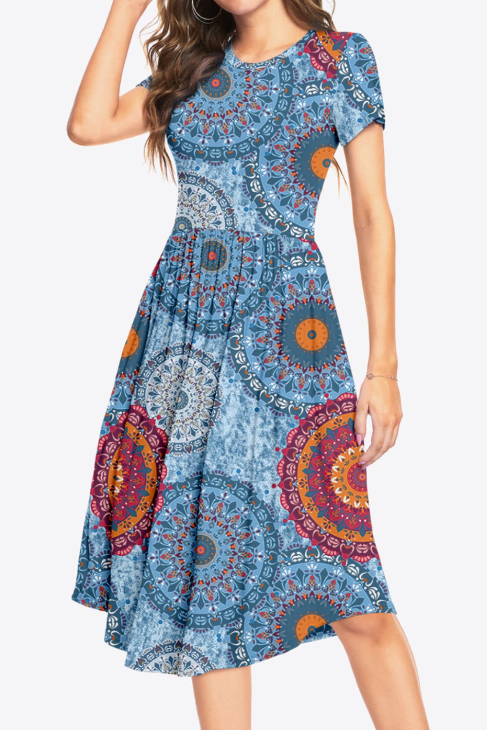 Printed Round Neck Short Sleeve Dress with Pockets-Angel Casuals