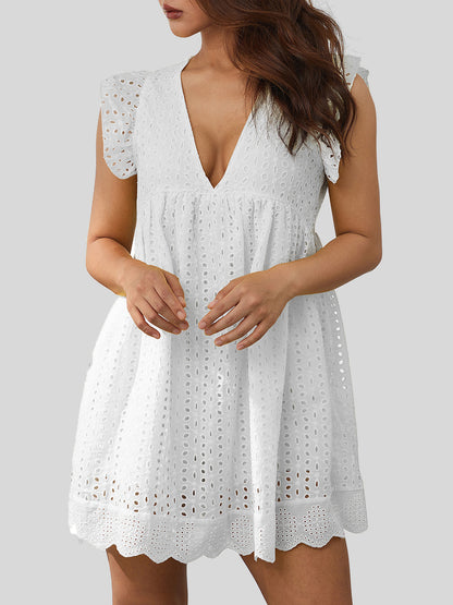 Ruffled Eyelet Cap Sleeve Mini Dress-Angel Casuals