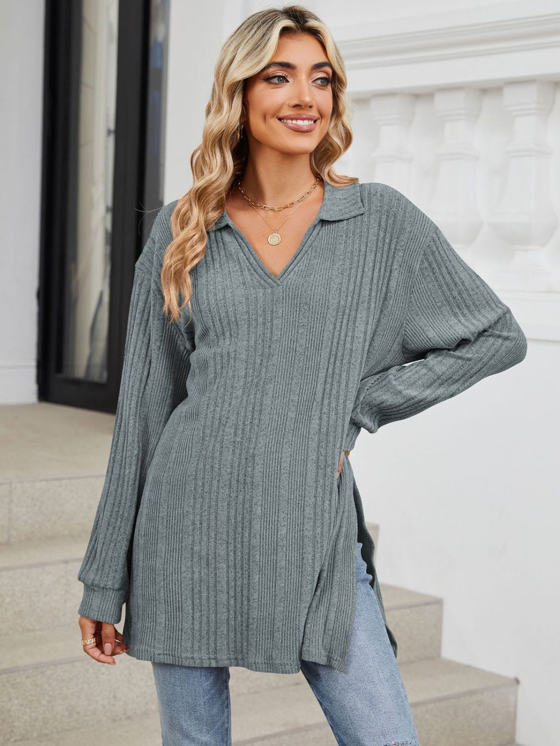 Slit Johnny Collar Long Sleeve T-Shirt-Angel Casuals