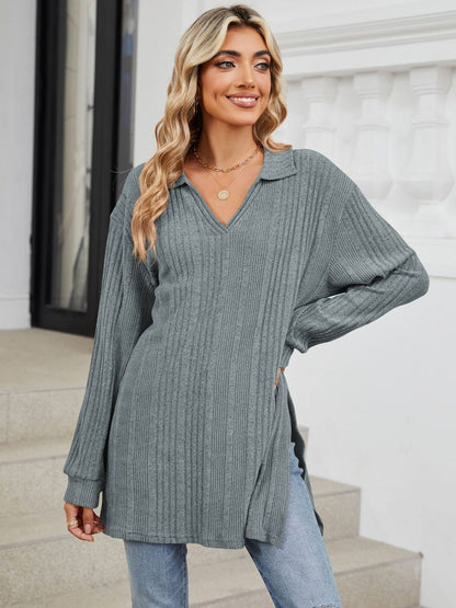 Slit Johnny Collar Long Sleeve T-Shirt-Angel Casuals