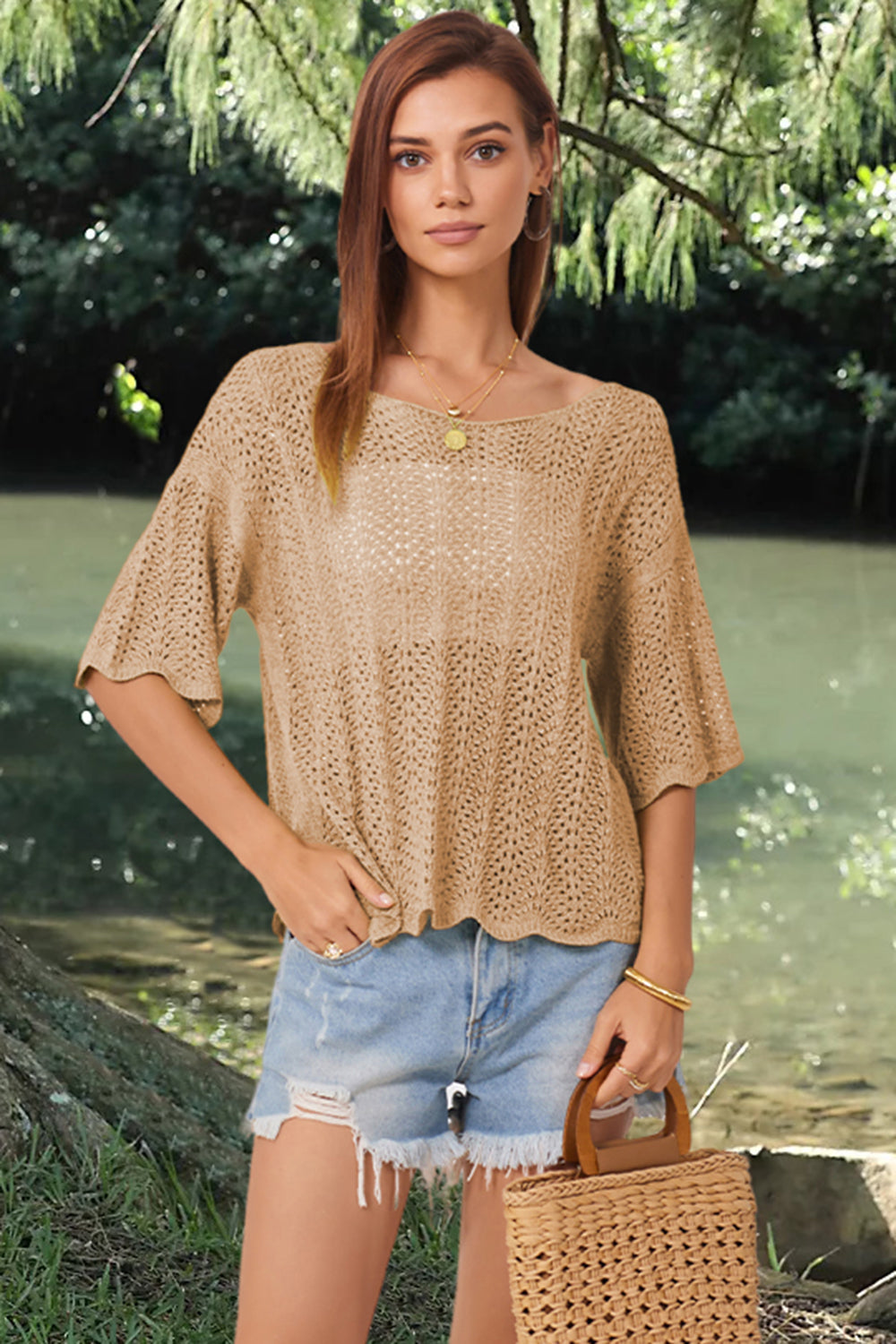 Openwork Round Neck Half Sleeve Knit Top-Angel Casuals