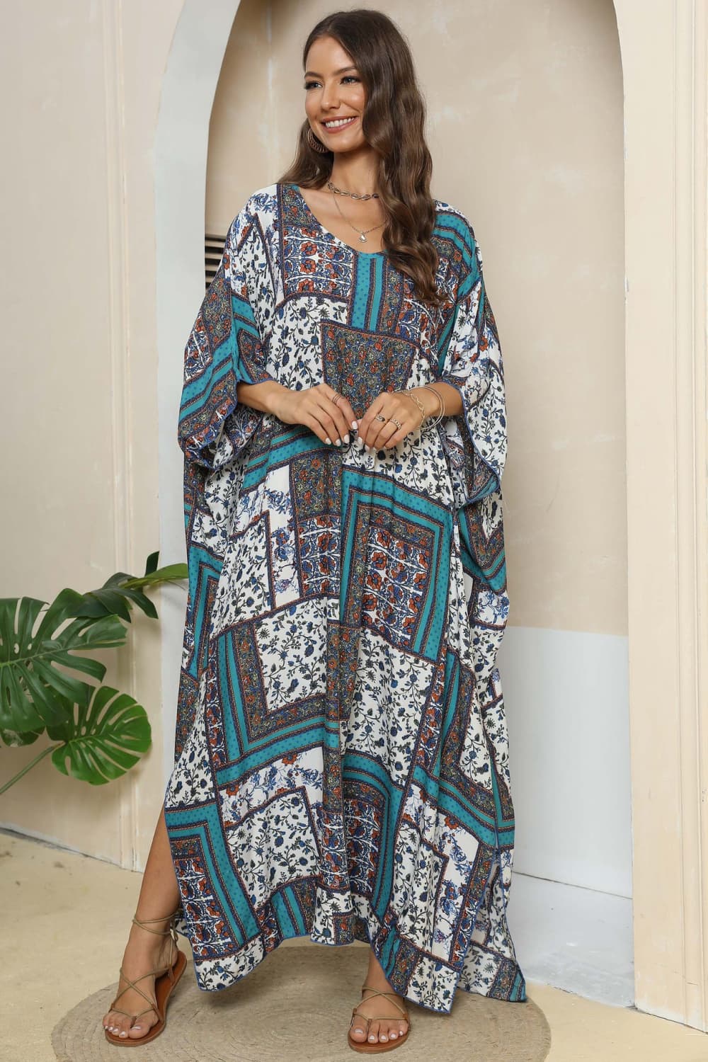 Printed V-Neck Split Maxi Dress-Angel Casuals