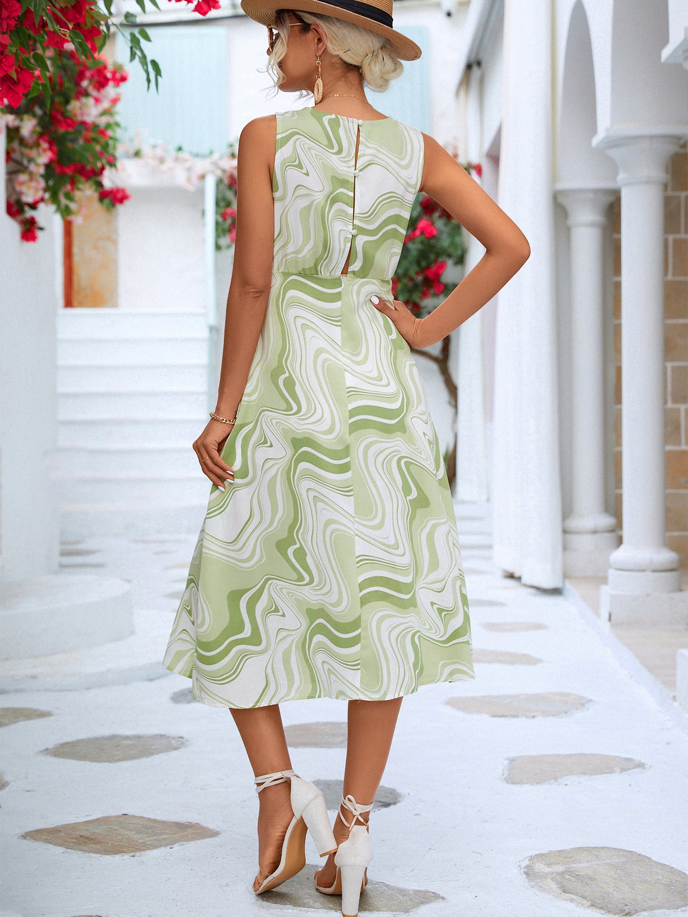 Printed Cowl Neck Sleeveless Dress-Angel Casuals