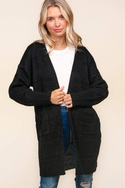 Haptics Stripe Textured Open Front Cardigan with Pockets-Angel Casuals