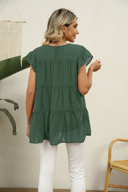 Swiss Dot Round Neck Tiered Blouse-Angel Casuals