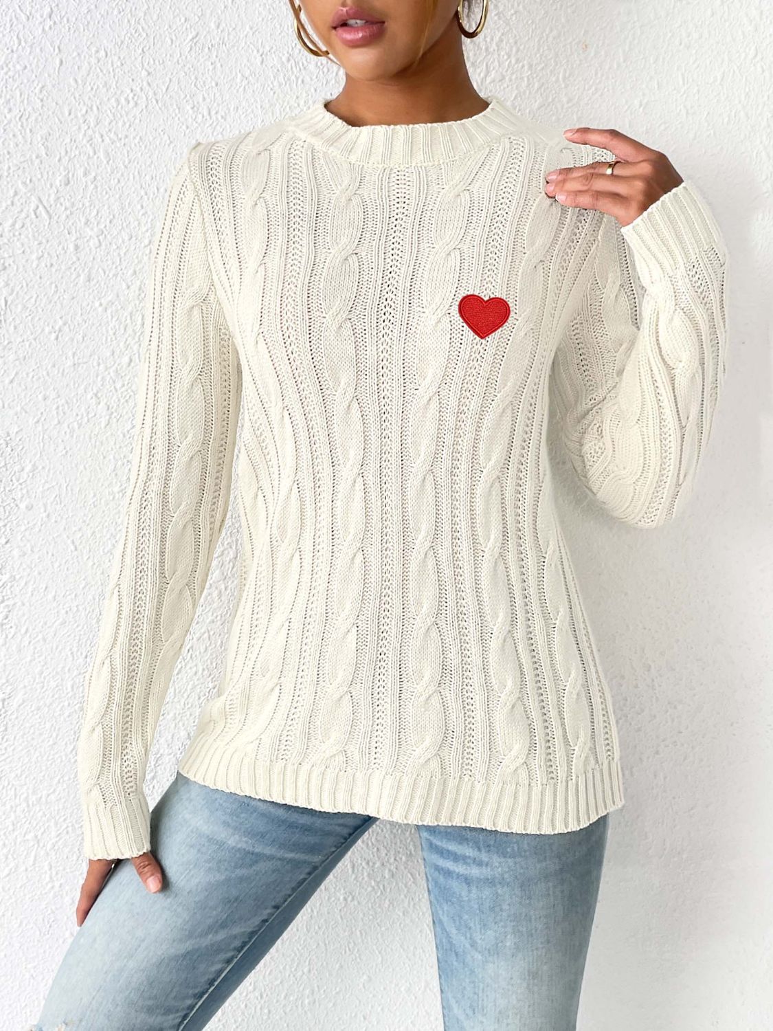 Cable-Knit Heart Round Neck Long Sleeve Sweater-Angel Casuals