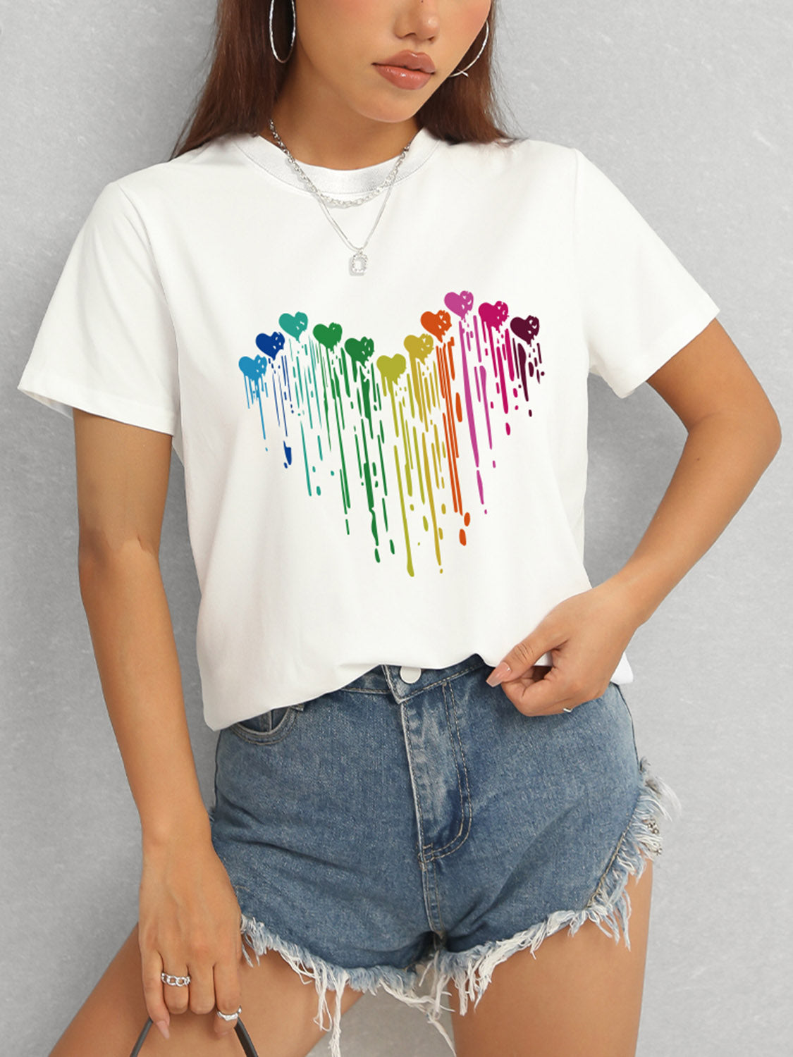 Heart Round Neck Short Sleeve T-Shirt-Angel Casuals