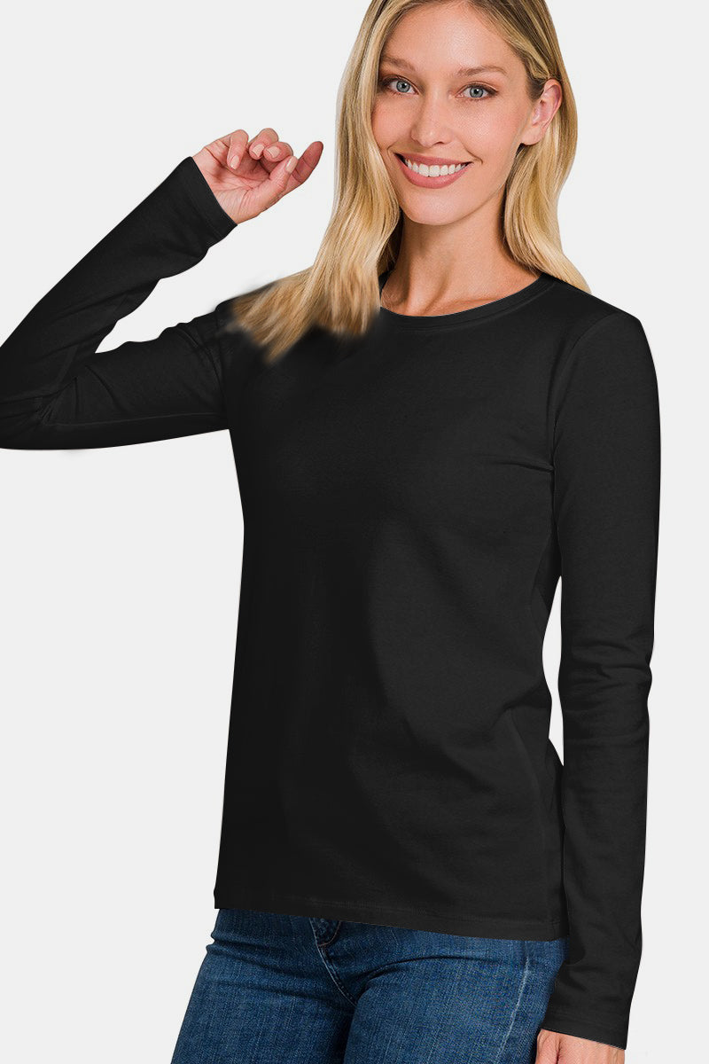 Zenana Full Size Solid Color Round Neck Long Sleeve T-Shirt-Angel Casuals