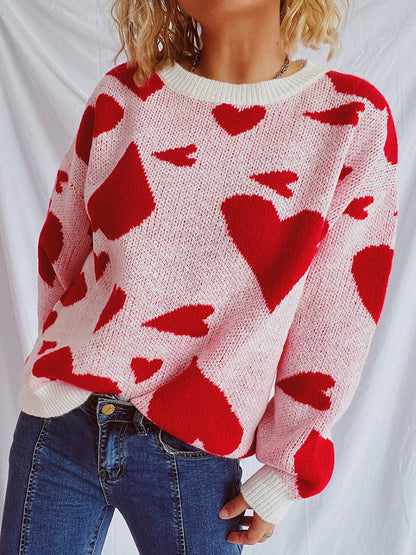 Heart Round Neck Long Sleeve Sweater-Angel Casuals