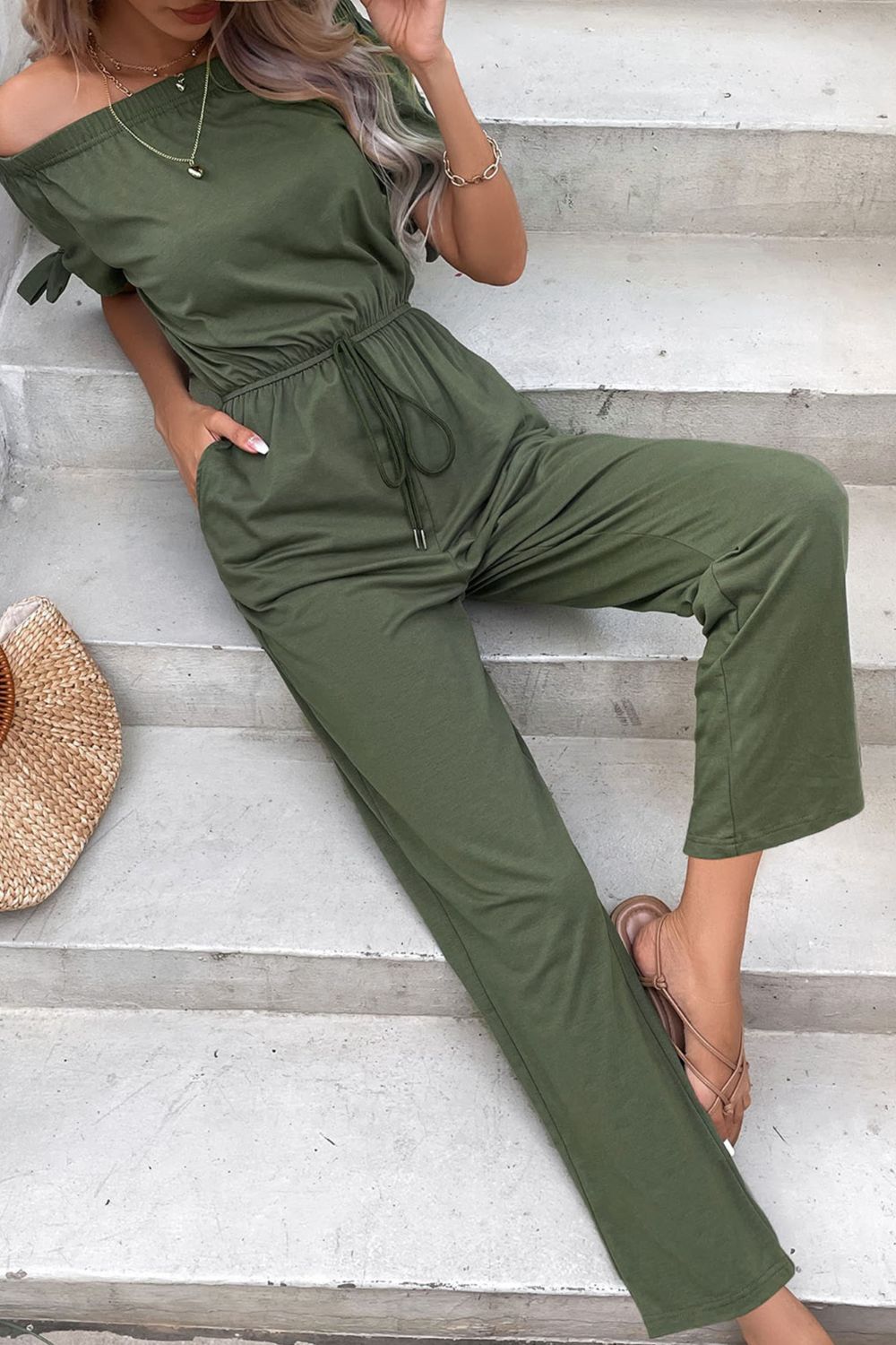 Off-Shoulder Tie Cuff Jumpsuit with Pockets-Angel Casuals