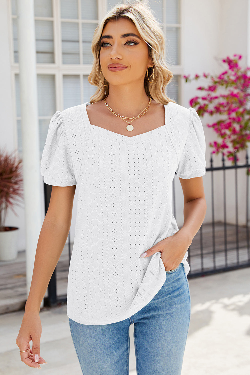 Eyelet Puff Sleeve T-Shirt-Angel Casuals