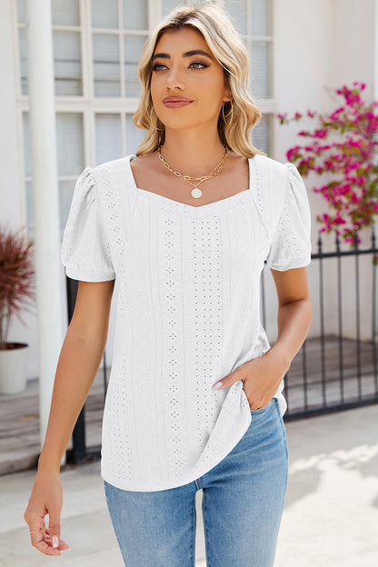 Eyelet Puff Sleeve T-Shirt-Angel Casuals