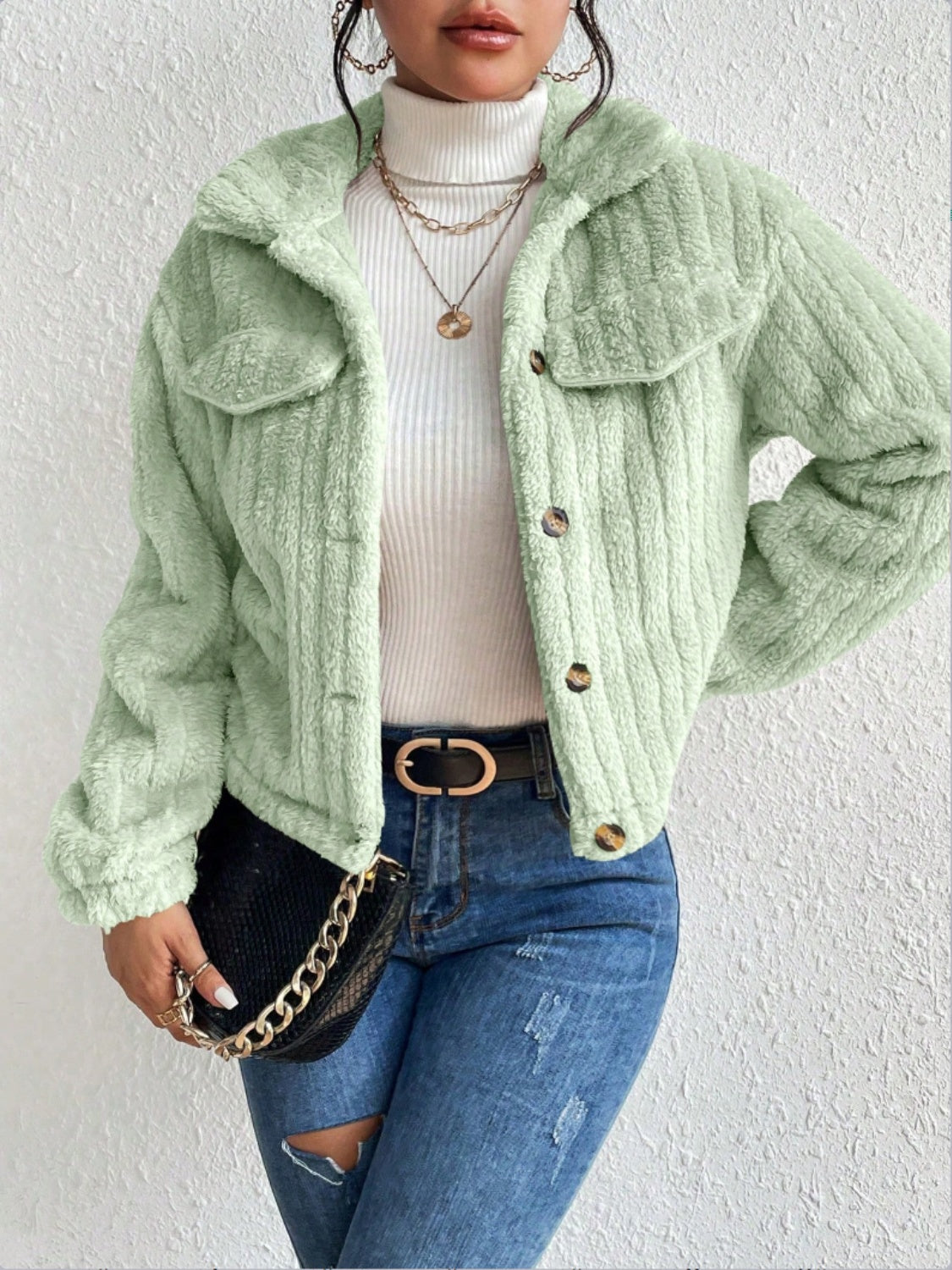 Fuzzy Button Up Collared Neck Jacket-Angel Casuals