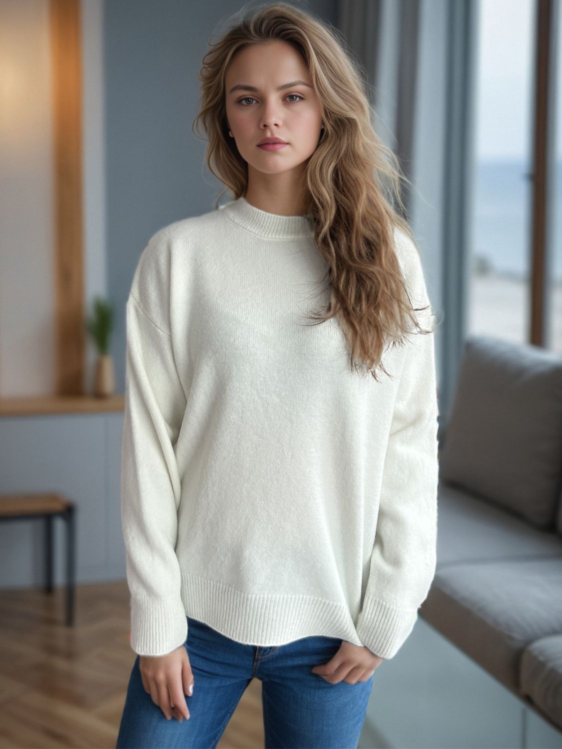 Round Neck Drop Shoulder Long Sleeve Sweater-Angel Casuals