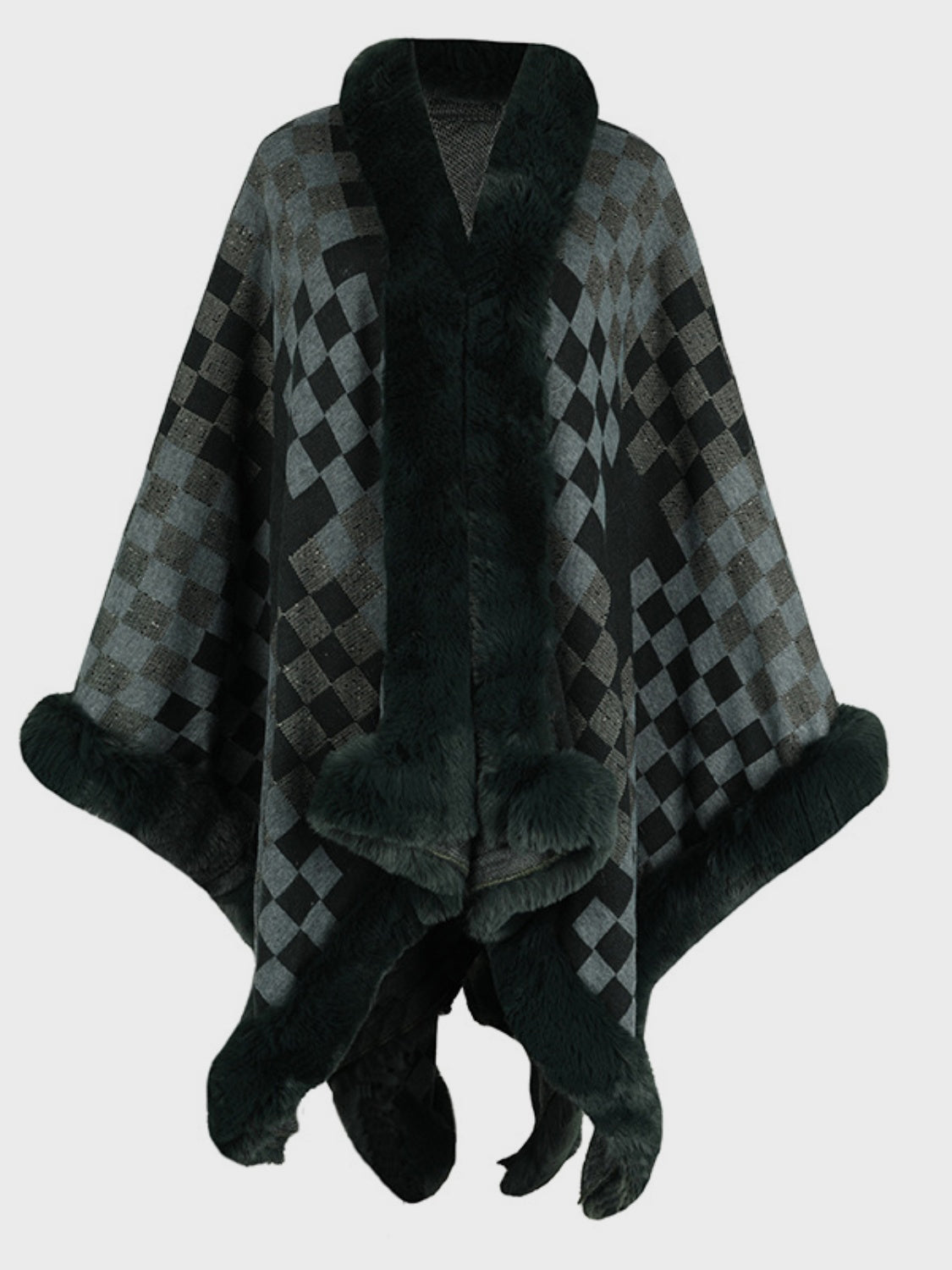 Fuzzy Checkered Long Sleeve Poncho-Angel Casuals
