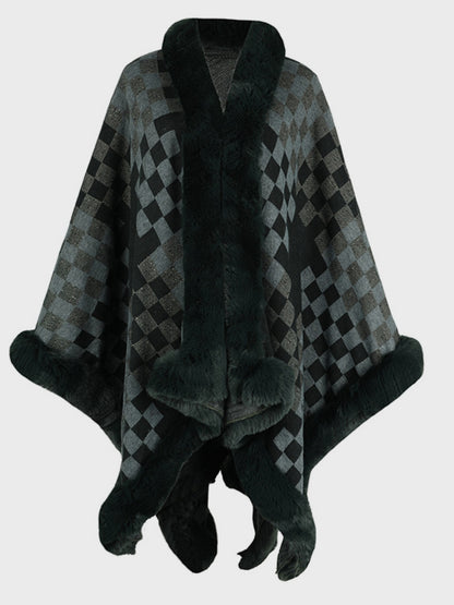 Fuzzy Checkered Long Sleeve Poncho-Angel Casuals