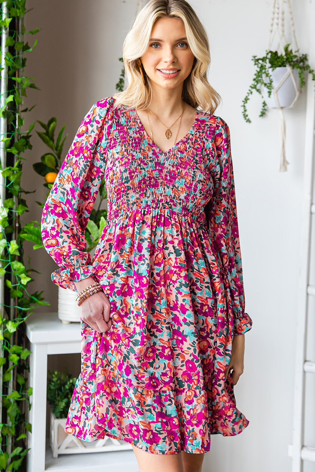 Floral Smocked V-Neck Flounce Sleeve Dress-Angel Casuals