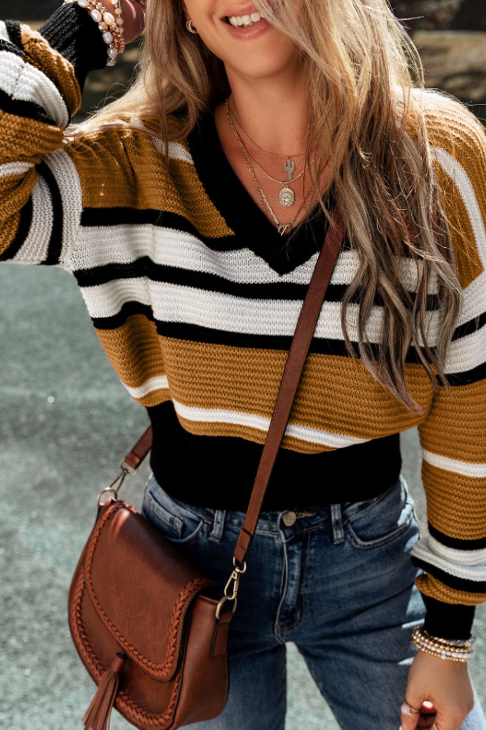 Contrast Stripes V Neck Long Sleeve Sweater-Angel Casuals