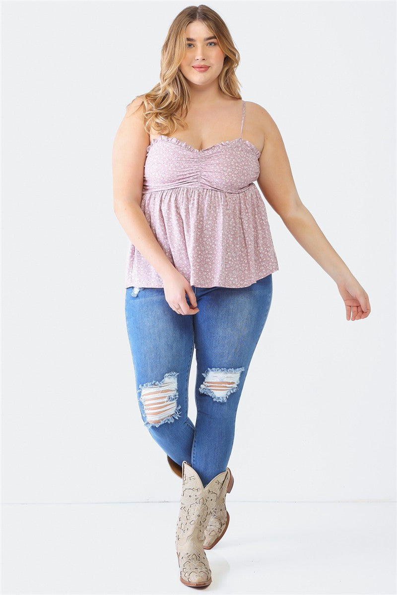 Zenobia Plus Size Frill Smocked Floral Sweetheart Neck Cami-Angel Casuals