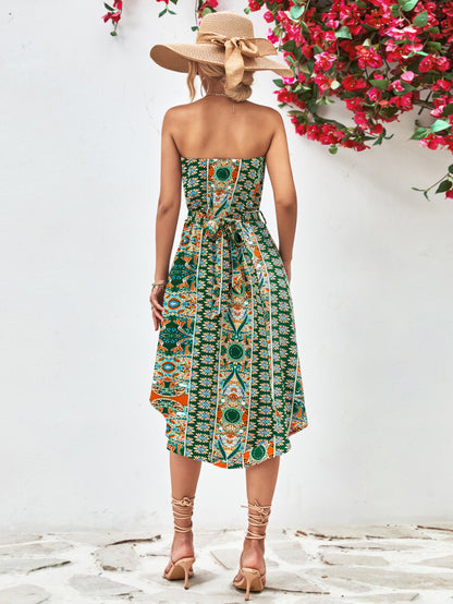 Printed Strapless Tie Belt Dress-Angel Casuals