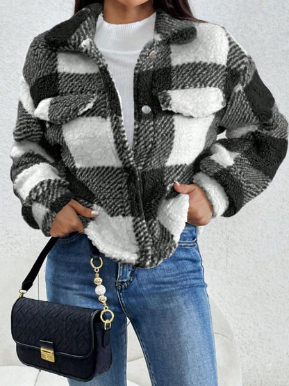Decorative Pocket Flap Plaid Long Sleeve Jacket-Angel Casuals