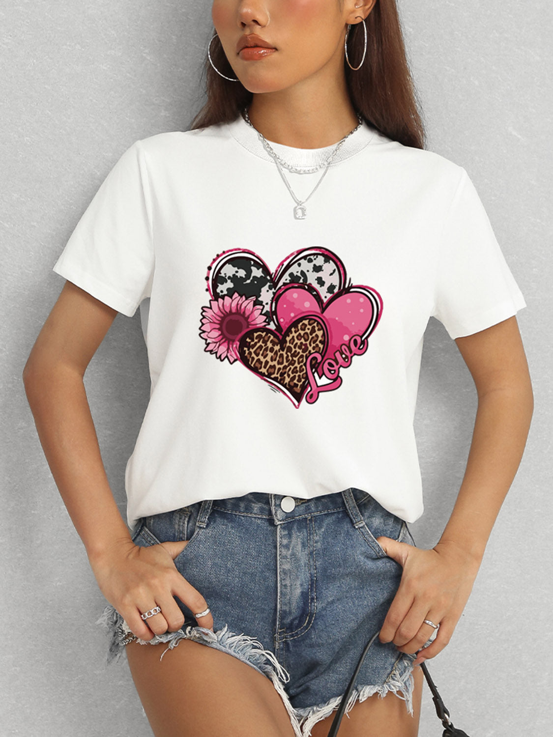 Heart Round Neck Short Sleeve T-Shirt-Angel Casuals