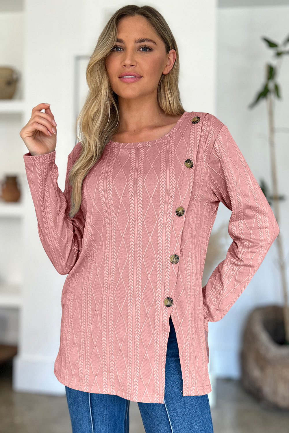 FAM-FAM Slit Round Neck Long Sleeve T-Shirt-Angel Casuals
